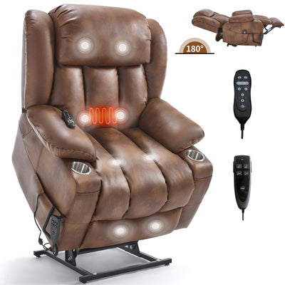 Dual Motor Infinite Position Up to 350 LBS Leatherair Power Lift Recliner Chair, Heavy Duty Motion Mechanism with 8-Point Vibration Massage and Lumbar Heating, Stainless steel Cup Holders, Brown