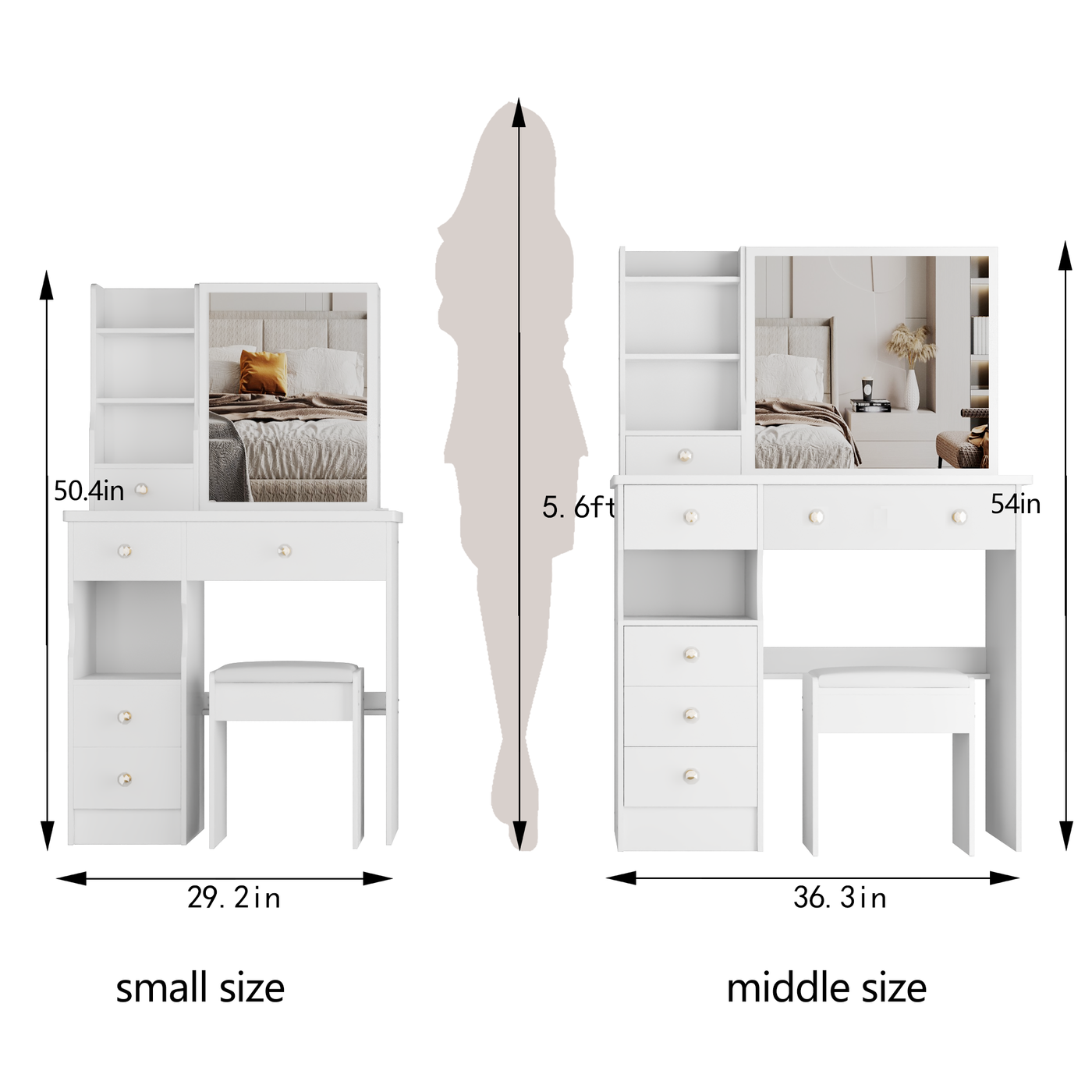 37' Middle Size Left Drawer Desktop Vanity Table + Cushioned Stool, Extra Large Right sliding mirror, Multi Layer High Capacity Storage, Practical Fashionable Dresser, Suitable For Large Space