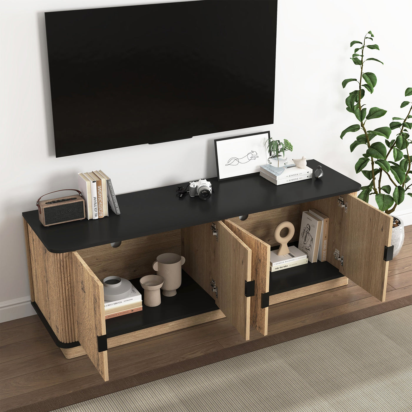Natural Wood Grain Four-Door MDF TV Cabinet, An Ideal Choice for TV And Item Storage in Modern Homes, A Perfect Blend of Nordic And Modern Minimalist Styles, With Dimensions of 55*15.7*18.9 inches