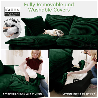 Slipcovered U Shape Sectional Wide and Deep Seat Sofa Couch, 4 Seater Sofa with French Edges Design Multiple Big Pillows, Soft Deep Seat Comfy Cloud Couch for Living Room, Apartment, Green Corduroy
