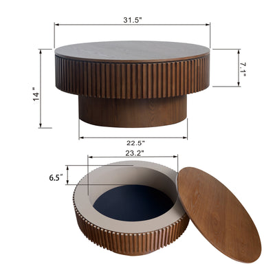 31.5'' Round Coffee Table with Storage Solid Wood Veneered Modern Coffee Table Accent Tea Table for Living Room, Bedroom, Apartment or Office, Walnut