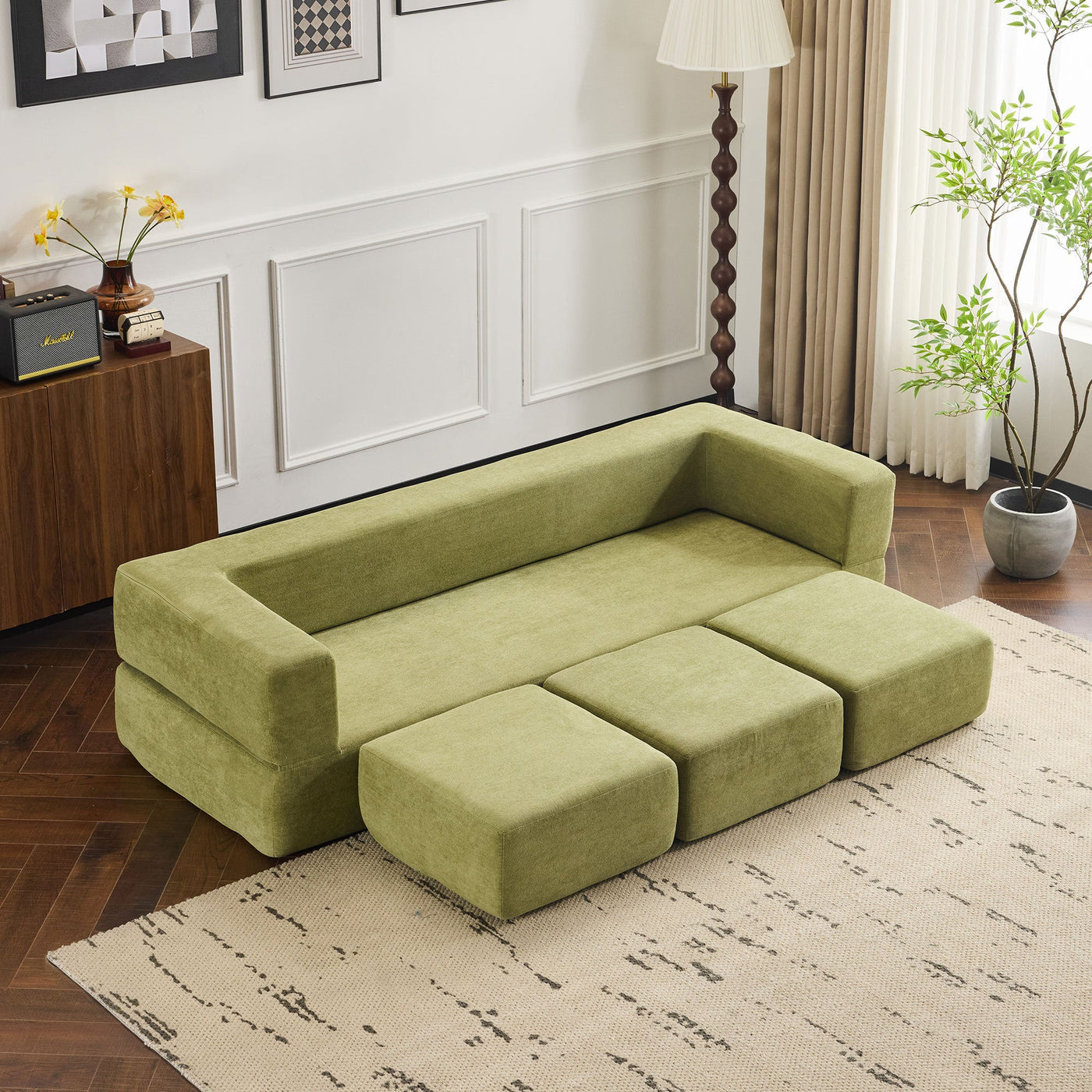 Ebern Designs Convertible Sectional Sofa with 3 Storage Ottomans - High-Resilience Foam Sleeper, Space-Saving Chenille Floor Sofa for Studio Apartments & Home Offices.green