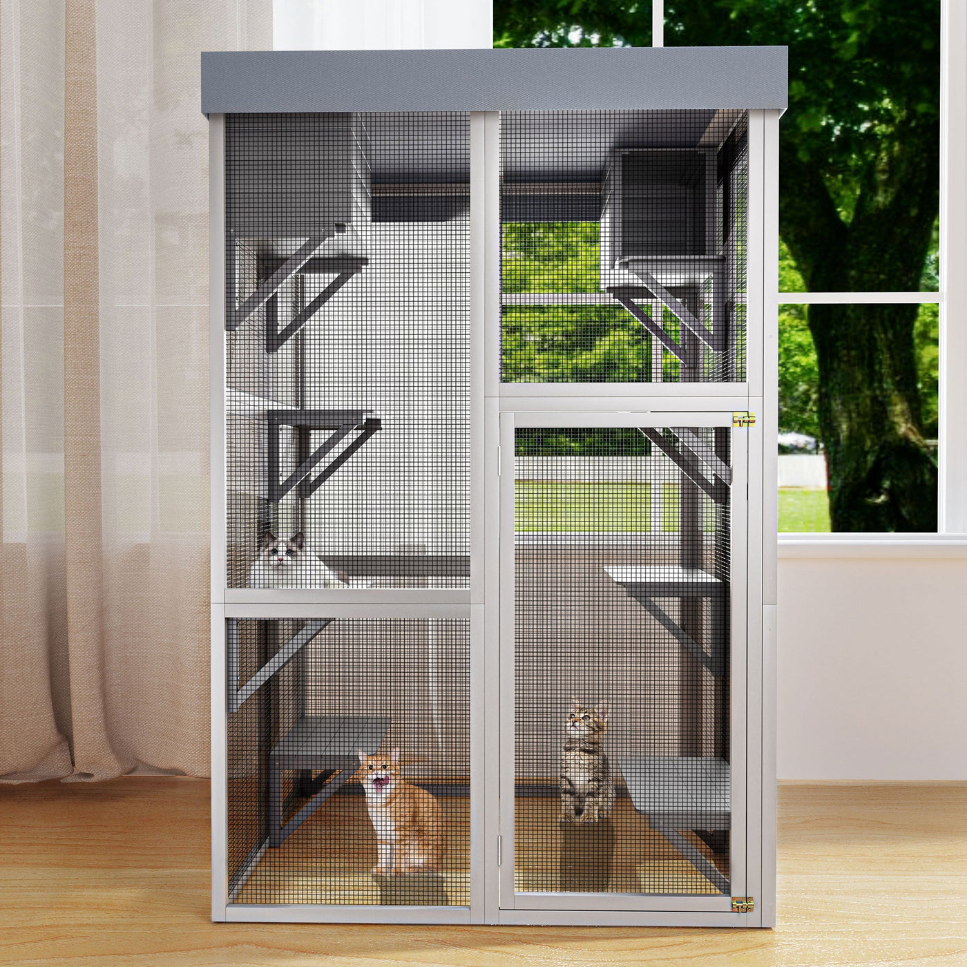 70.5＂ Tall Wooden Catio Outdoor Cat Enclosure, Gray Cat House Large Solid Wood Cage Playpen with 6 Jumping Platforms & 2 Napping Houses, Movable tarp cover