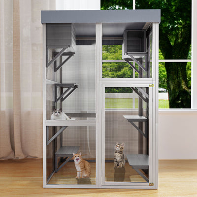 70.5＂ Tall Wooden Catio Outdoor Cat Enclosure, Gray Cat House Large Solid Wood Cage Playpen with 6 Jumping Platforms & 2 Napping Houses, Movable tarp cover