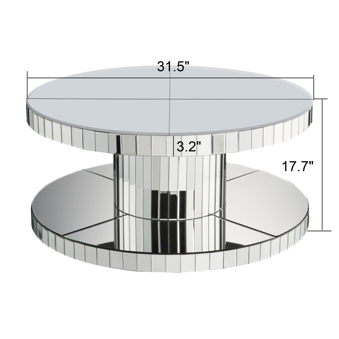 Luxury Double-Tier Round Mirror Coffee & End Table with Fluted Glass - Modern Sofa Side Table, Silver, MDF+Glass, 31.5' Diameter