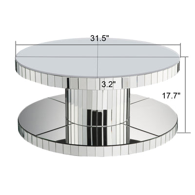 Luxury Double-Tier Round Mirror Coffee & End Table with Fluted Glass - Modern Sofa Side Table, Silver, MDF+Glass, 31.5' Diameter