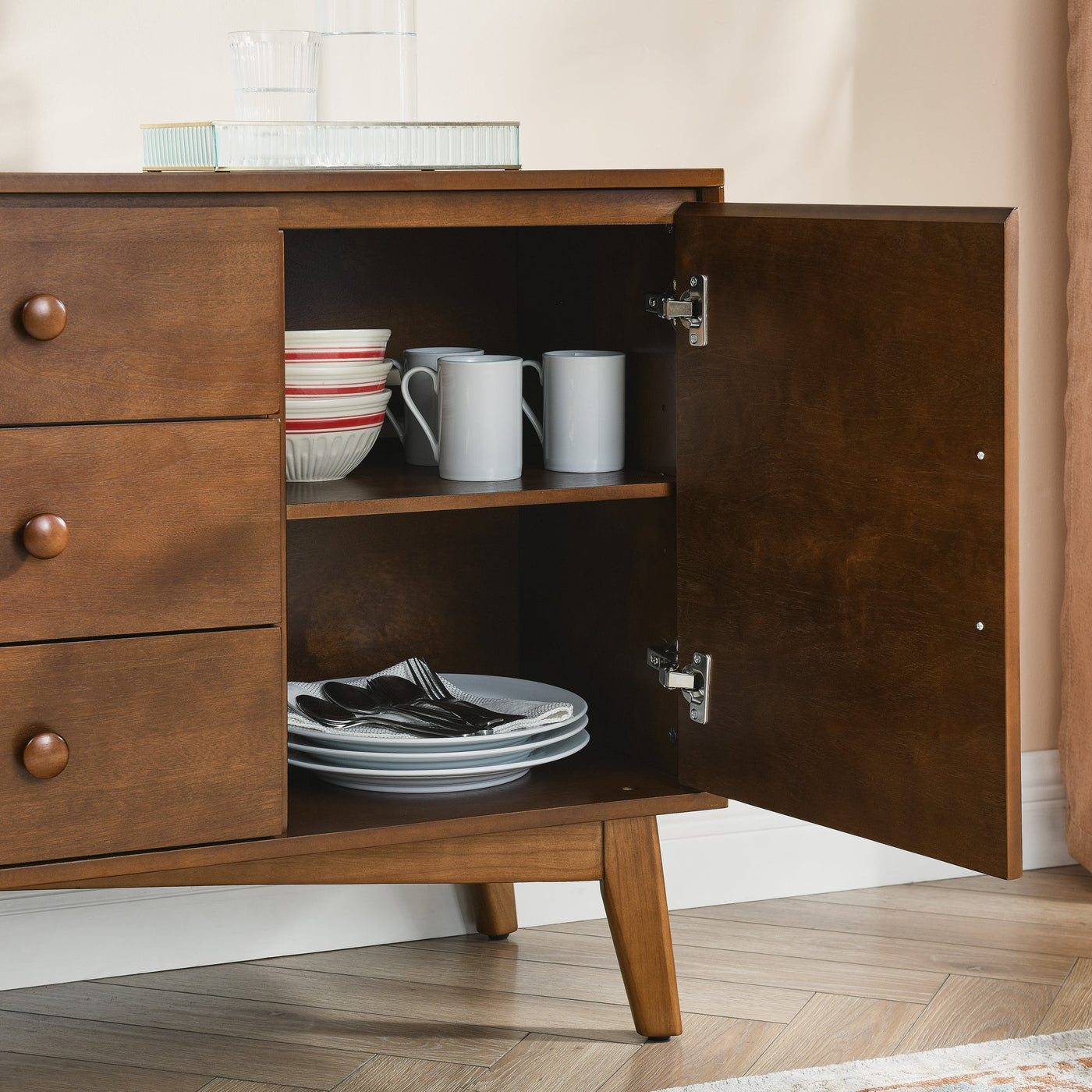 47.3' Mid Century Modern Sideboard Buffet Cabinet with Storage, Storage Cabinet with 2 Doors and 3 Drawers for Kitchen Dining Living Room, Accent Console Table, Walnut