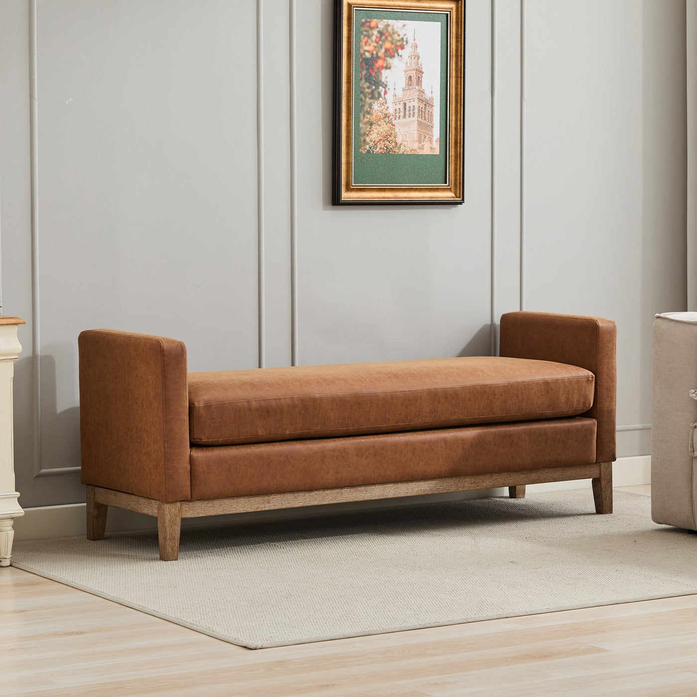 Elegant Upholstered Bench,Daybed,Ottoman with Wood Legs & 2 Bolster Pillows,Brown PU,66.34'W