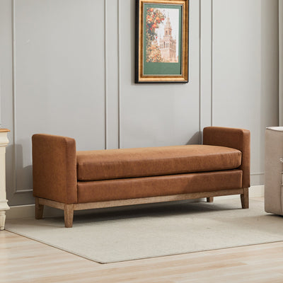 Elegant Upholstered Bench,Daybed,Ottoman with Wood Legs & 2 Bolster Pillows,Brown PU,66.34'W