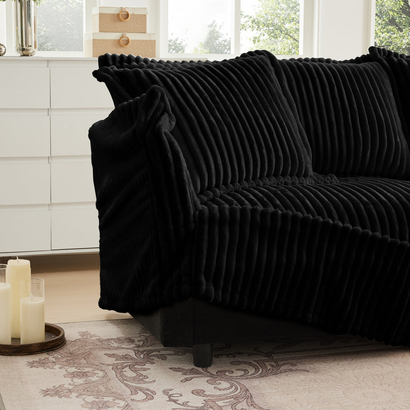 Slipcovered L Shape Sectional Long Sofa Couch, 4 Seater Sofa with Suppleness Armrests,Deep Seat Sofa with 2 Big Pillows, Comfy Couch for Living Room, Apartment, Black Corduroy Fabric