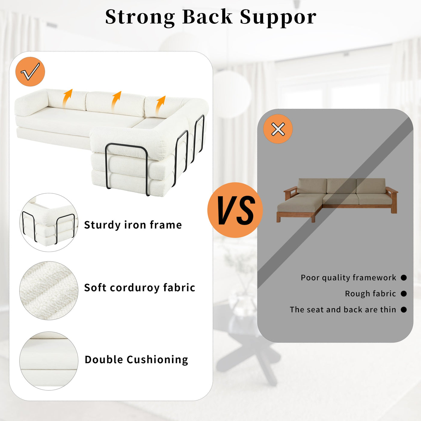 U_Style L-Shaped Modular Sofa Bed in Corduroy Fabric, Ideal for Living Rooms and Apartments