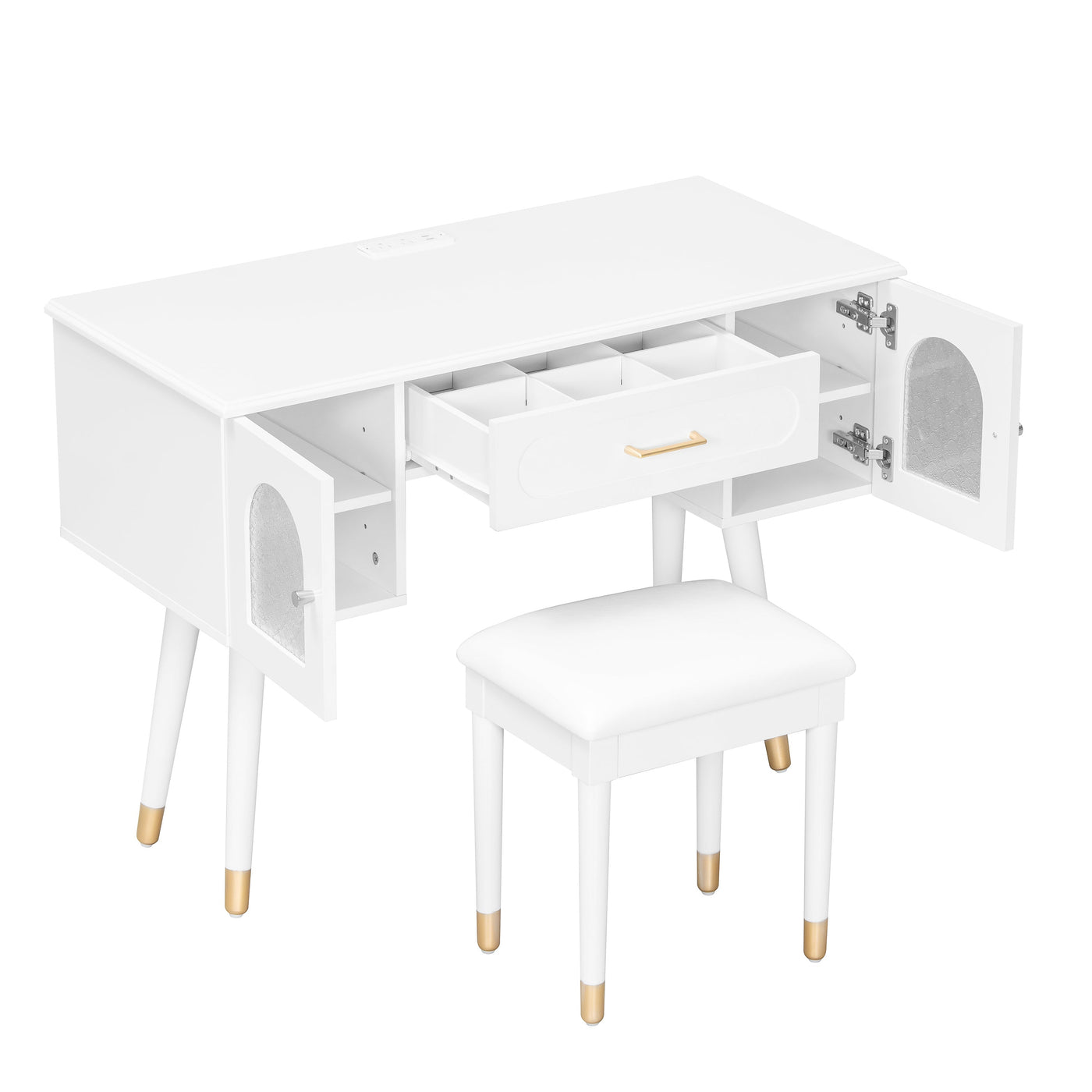 Elegant Vanity Makeup Table & Chair Set, Modern Dressing Table with Organizer, Writing Desk, Charging Port, White, Engineered Wood