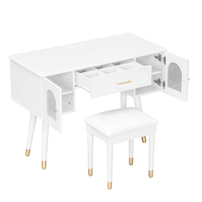 Elegant Vanity Makeup Table & Chair Set, Modern Dressing Table with Organizer, Writing Desk, Charging Port, White, Engineered Wood