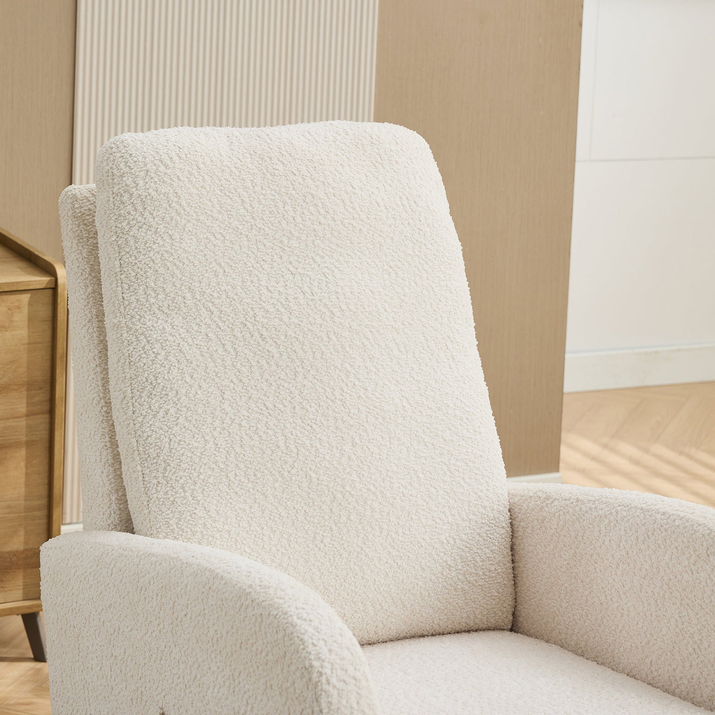 25.4'W Ivory Rocking Chair for Nursery, High Back Glider with Retractable Footrest, Boucle Upholstery, Rubber Wood Legs