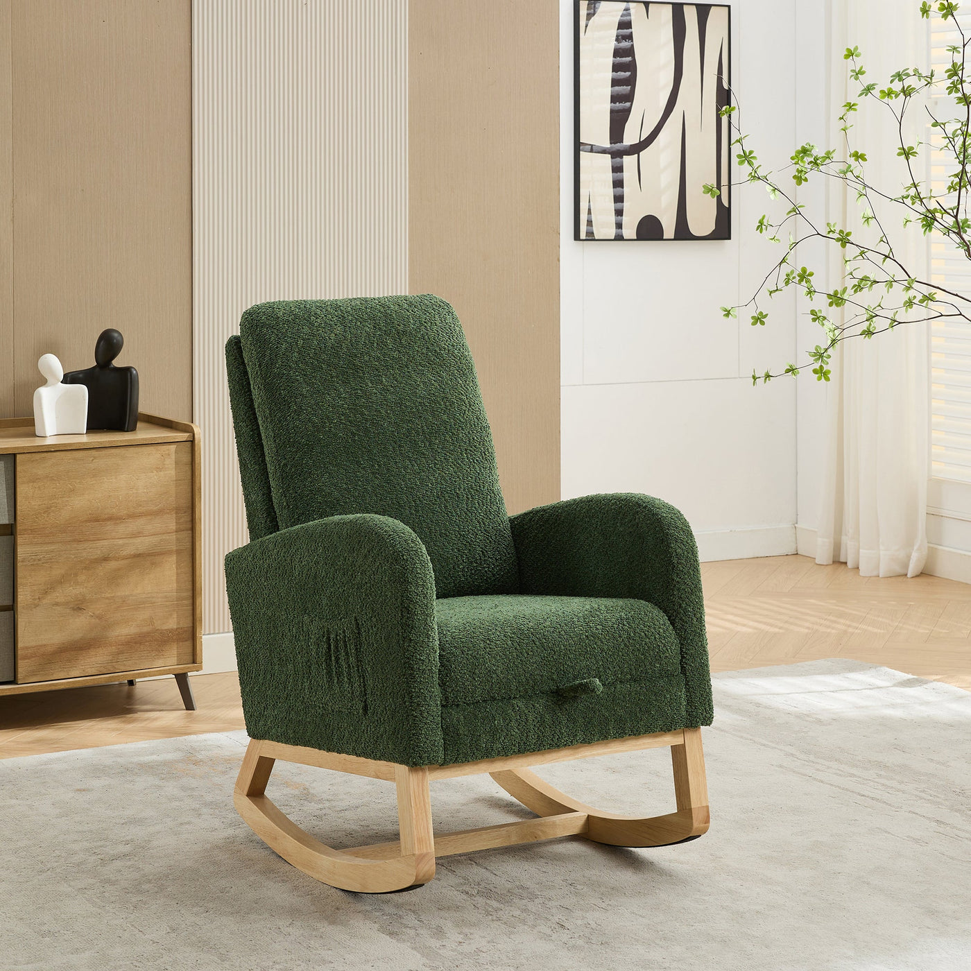 25.4'W Green Boucle High Back Glider Rocking Chair with Retractable Footrest and Rubber Wood Legs for Nursery and Living Room