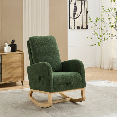25.4'W Green Boucle High Back Glider Rocking Chair with Retractable Footrest and Rubber Wood Legs for Nursery and Living Room