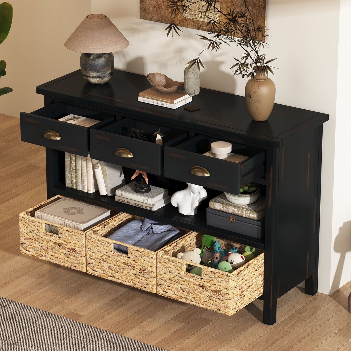 TREXM Retro Console Table with 3 Storage Drawers, Entryway Table with 3 Water Hyacinth Woven Baskets,Wooden Accent Sofa Table Buffet Cabinet for Entryway, Hallway and Living Room (Espresso)