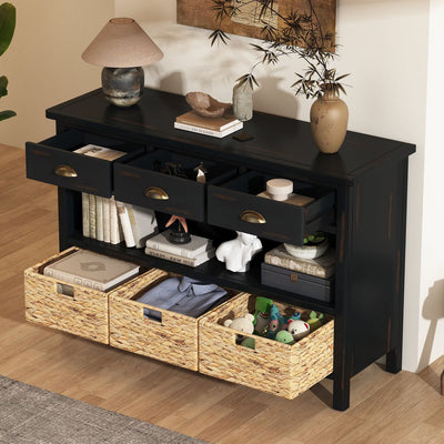 TREXM Retro Console Table with 3 Storage Drawers, Entryway Table with 3 Water Hyacinth Woven Baskets,Wooden Accent Sofa Table Buffet Cabinet for Entryway, Hallway and Living Room (Espresso)