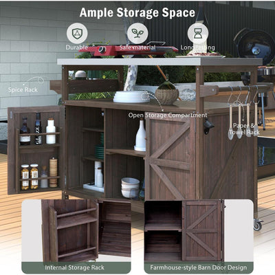 Outdoor Kitchen Island, Rolling Bar Cart & Storage Cabinet, Farmhouse Solid Wood Outdoor Grill Table with Stainless Steel Top, Spice Rack, Towel Rack for Kitchen & Barbecue, Dark Brown