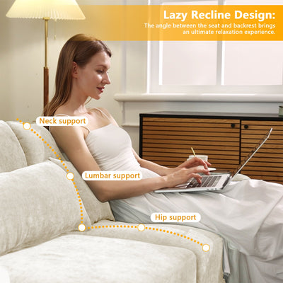 Elegant Two-Seater Sofa with Ottoman, Lumbar Pillows, Ergonomic Design, Beige Chenille, Wood Frame