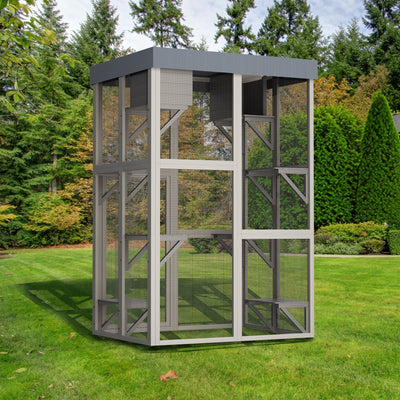 70.5＂ Tall Wooden Catio Outdoor Cat Enclosure, Gray Cat House Large Solid Wood Cage Playpen with 6 Jumping Platforms & 2 Napping Houses, Movable tarp cover