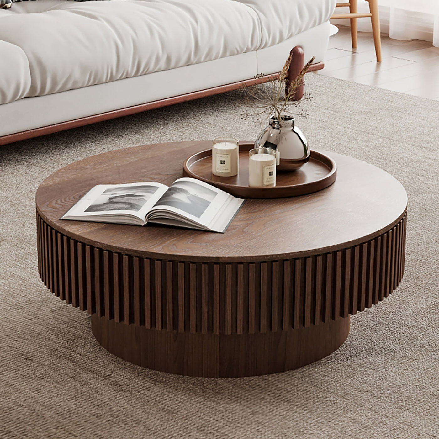 31.5'' Round Coffee Table with Storage Solid Wood Veneered Modern Coffee Table Accent Tea Table for Living Room, Bedroom, Apartment or Office, Walnut