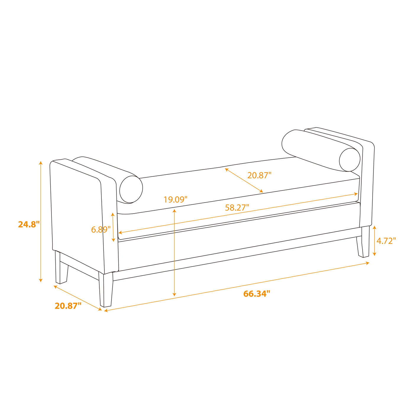 Elegant Upholstered Bench,Daybed,Ottoman with Wood Legs & 2 Bolster Pillows,Brown PU,66.34'W