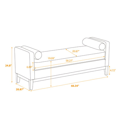 Elegant Upholstered Bench,Daybed,Ottoman with Wood Legs & 2 Bolster Pillows,Brown PU,66.34'W