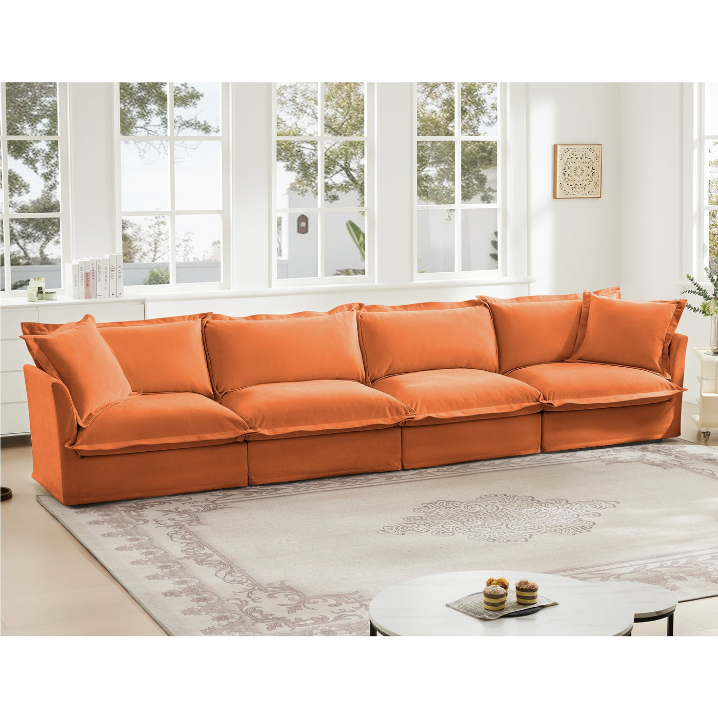 Slipcovered Long Sofa, 4 Seater Sofa with Removable Cover, Extra Deep Couch for Living Room, ,Chenille Fabric Cloud Like Comfy Sofa Couch, Orange Chenille Fabric