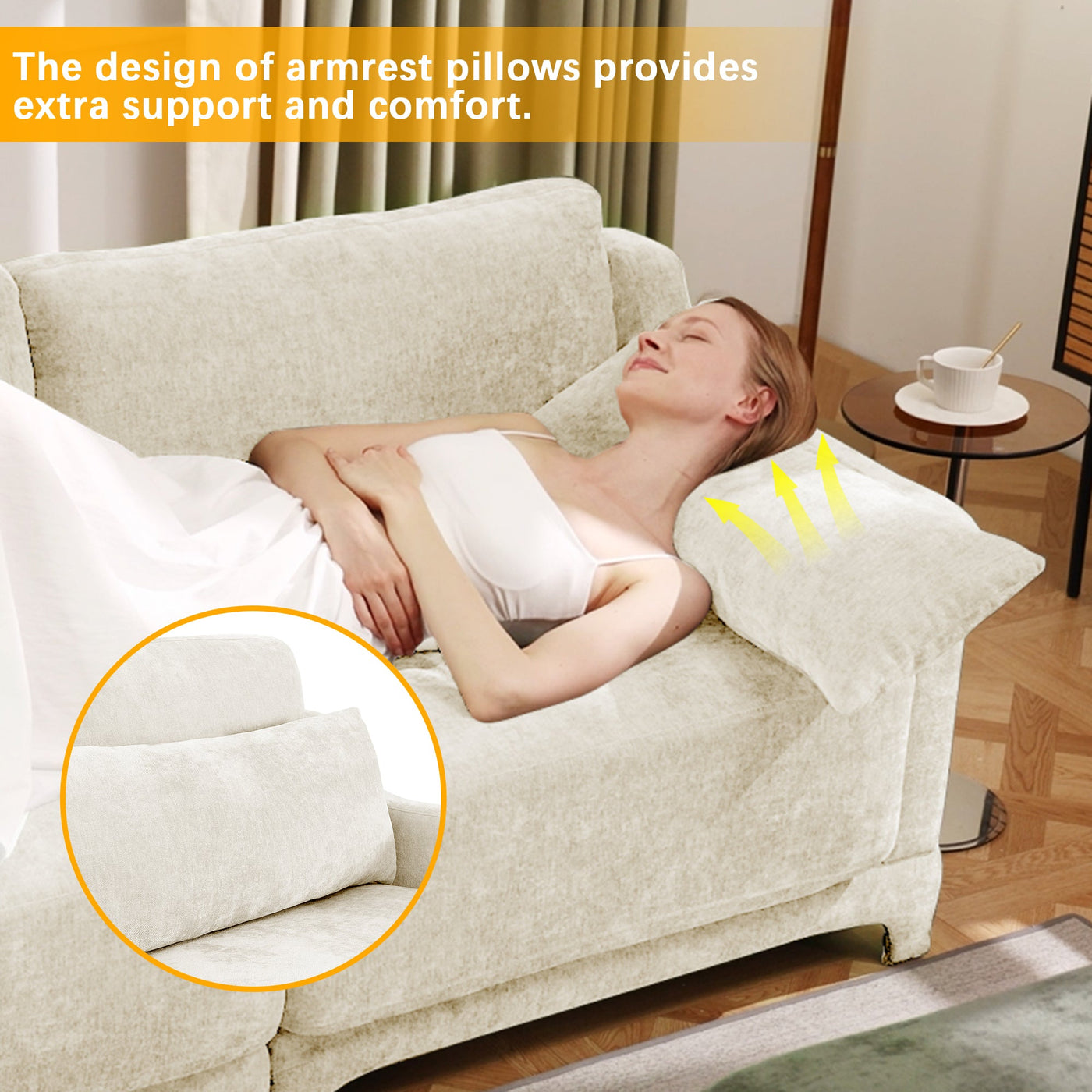 Elegant Chenille Three-Seater Sofa with Movable Ottomans, High-Resilience Sponge, Beige