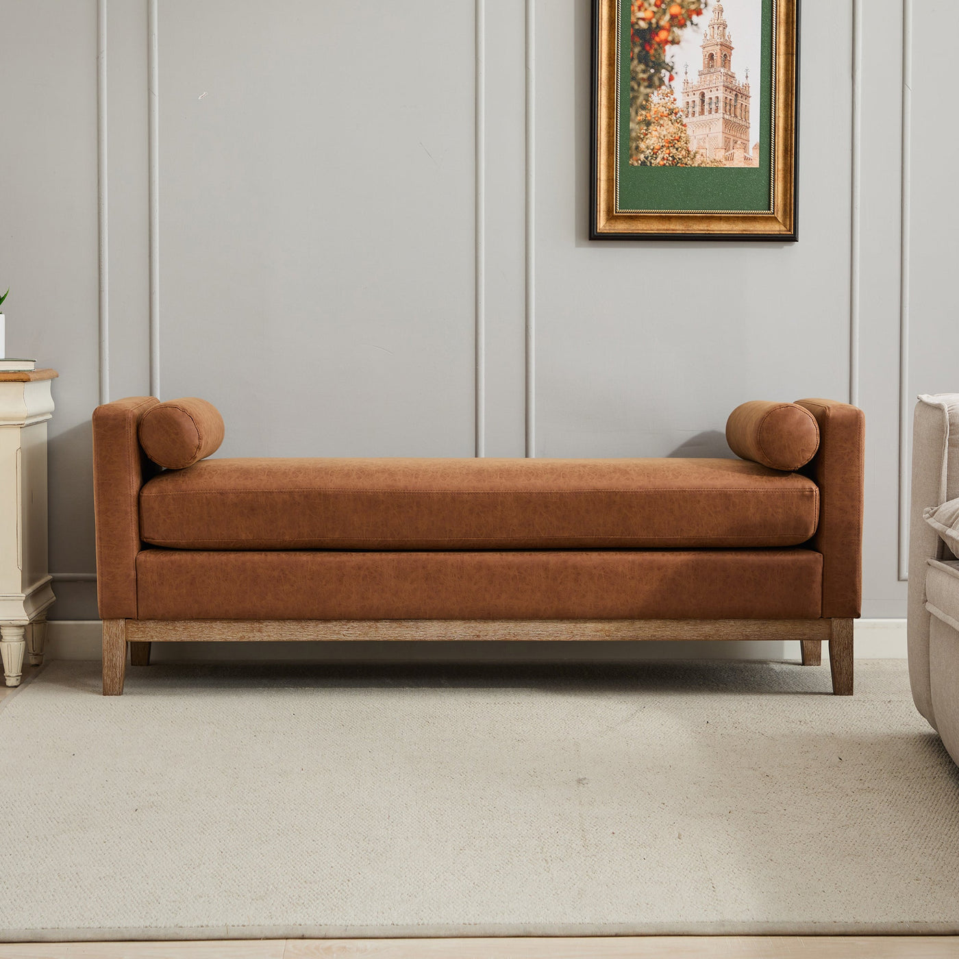 Elegant Upholstered Bench,Daybed,Ottoman with Wood Legs & 2 Bolster Pillows,Brown PU,66.34'W