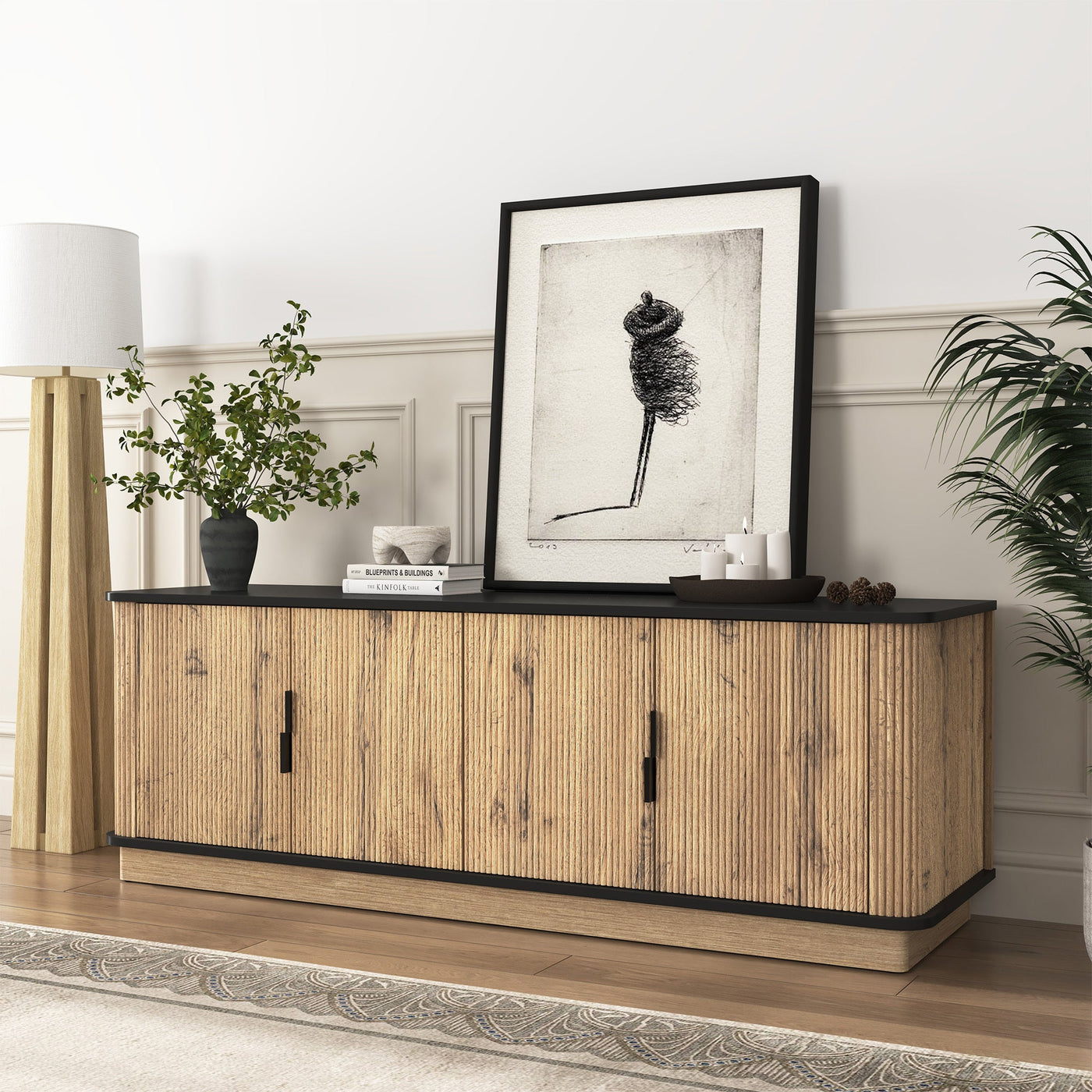 Natural Wood Grain Four-Door MDF TV Cabinet, An Ideal Choice for TV And Item Storage in Modern Homes, A Perfect Blend of Nordic And Modern Minimalist Styles, With Dimensions of 55*15.7*18.9 inches