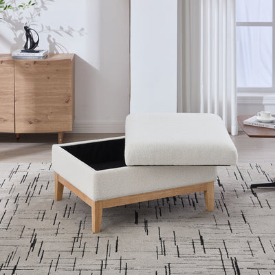 33.86'W Upholstered Wood Base Storage Ottoman with Reversible Lid Coffee Table, Foot Stool Square Footrest with Rubberwood Legs for Living Room Bedroom Entryway and Office, Ivory Boucle.