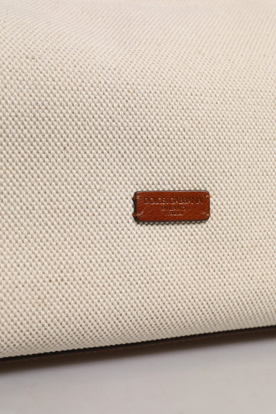 Dolce & Gabbana Beige Brown Cotton Leather Duffle Shoulder Bag