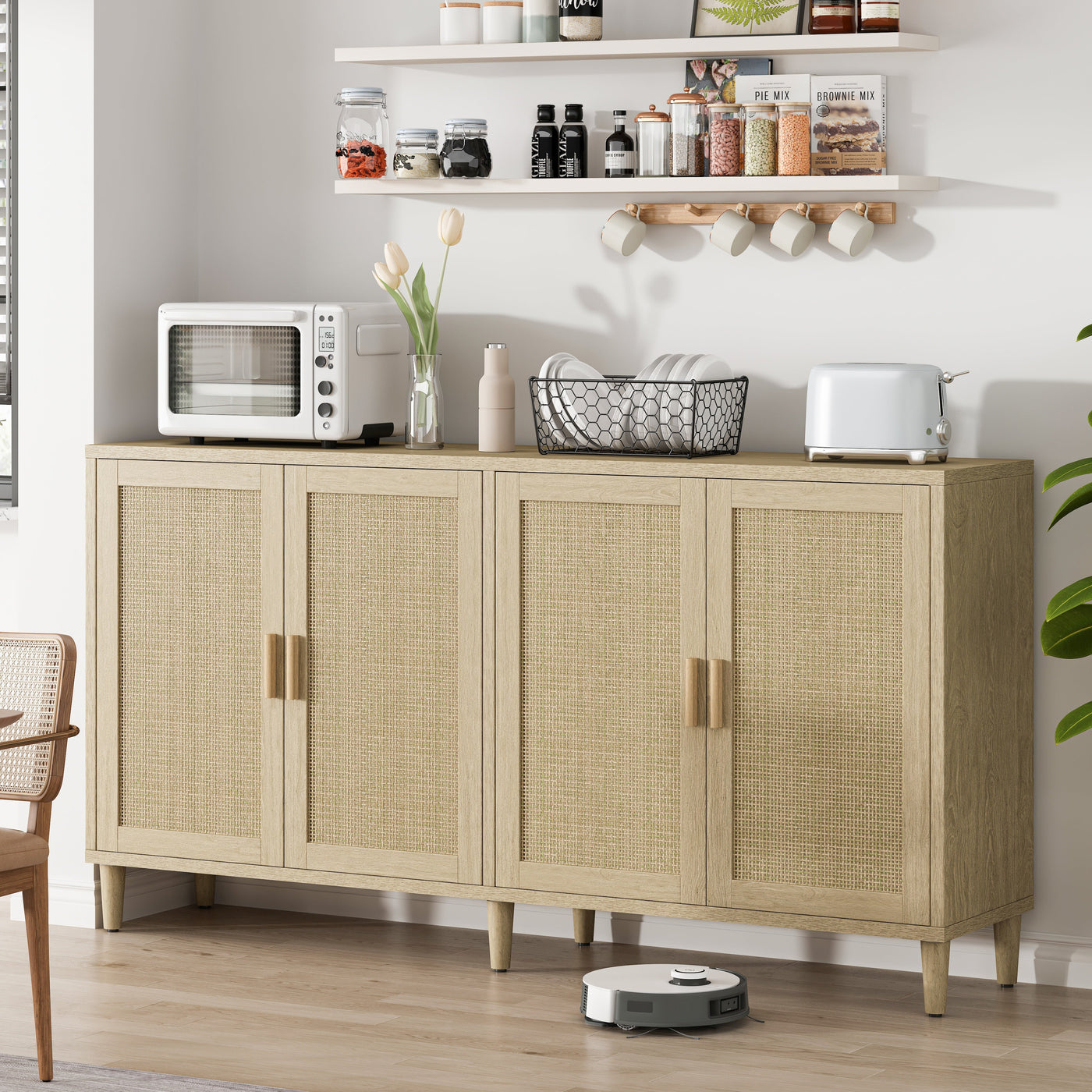Natural Rattan Buffet Cabinet with Storage, 4-Door Sideboard, Adjustable Shelves, 70-Inch