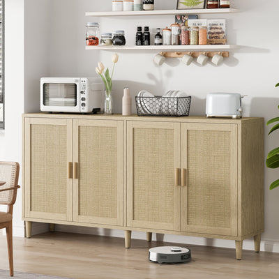 Natural Rattan Buffet Cabinet with Storage, 4-Door Sideboard, Adjustable Shelves, 70-Inch