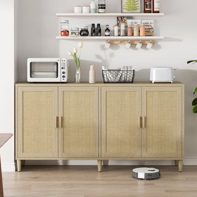 Natural Rattan Buffet Cabinet with Storage, 4-Door Sideboard, Adjustable Shelves, 70-Inch
