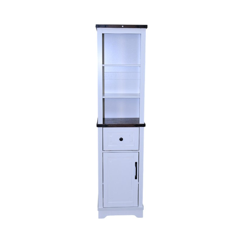 Narrow cabinet,Bathroom Storage Cabinet, Farmhouse Storage Cabinet with Adjustable Shelves & Storage Drawer, Tall Linen Tower for Bathroom, Living Room, White with black walnut color (top)