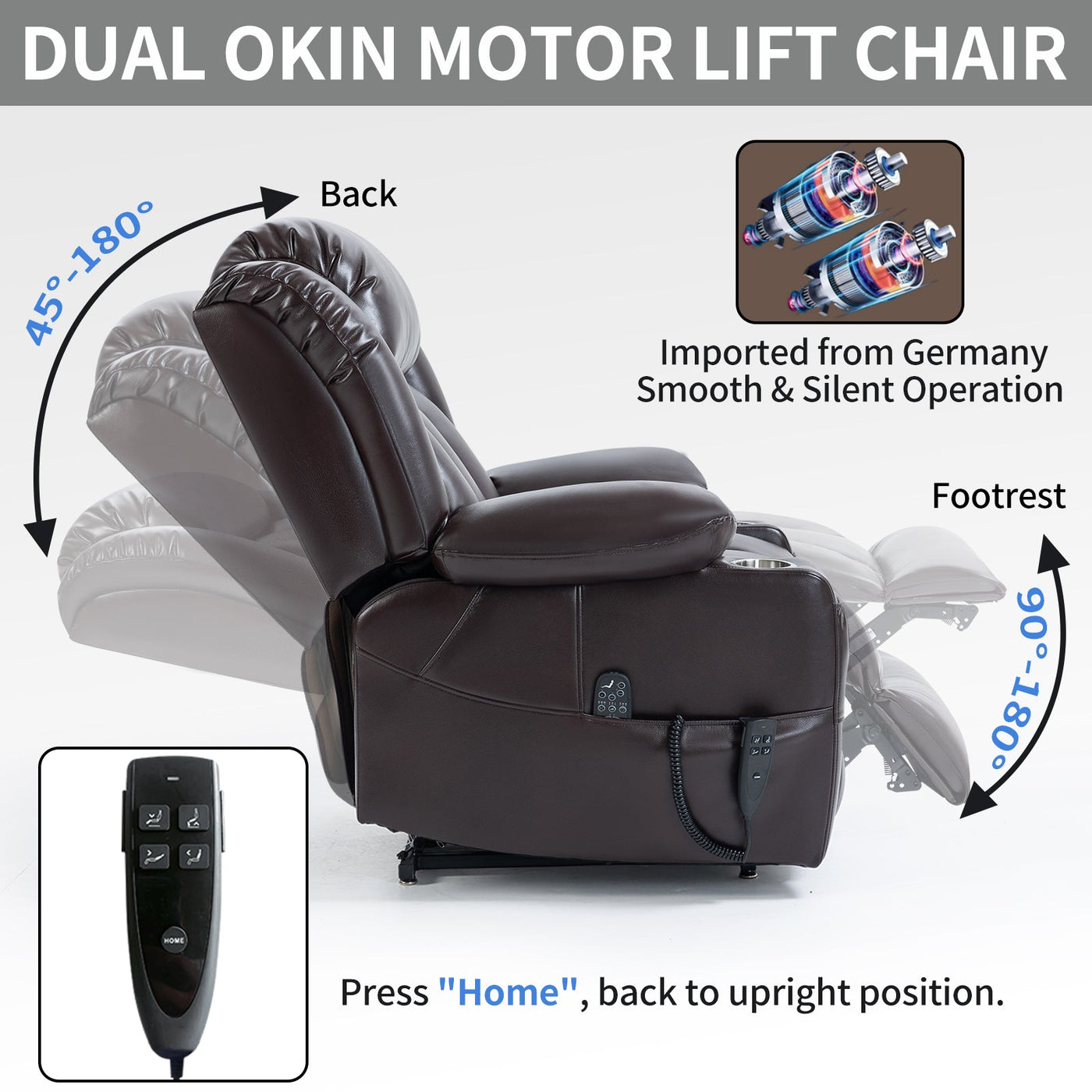 Dual Motor Infinite Position Up to 350 LBS Leatherair Power Lift Recliner Chair, Heavy Duty Motion Mechanism with 8-Point Vibration Massage and Lumbar Heating, Stainless steel Cup Holders, Brown