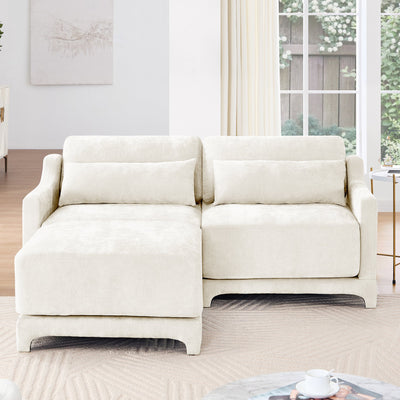 Elegant Two-Seater Sofa with Ottoman, Lumbar Pillows, Ergonomic Design, Beige Chenille, Wood Frame
