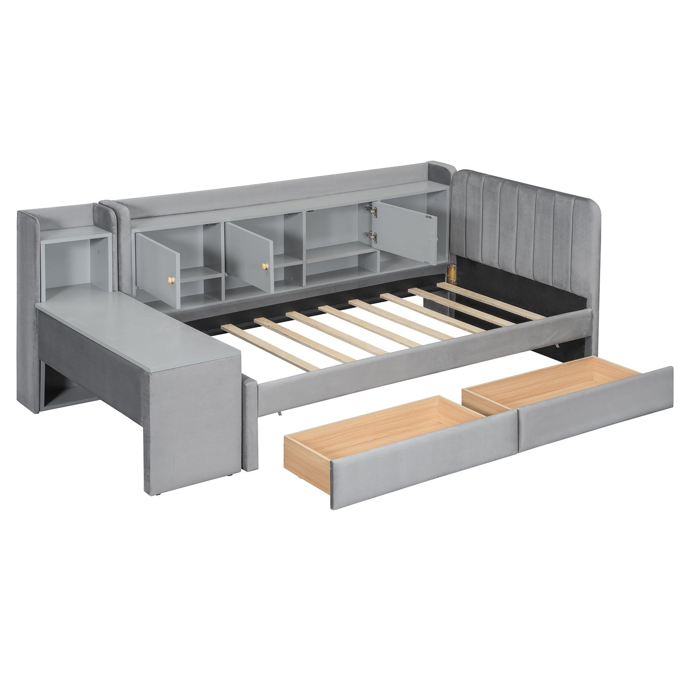 Twin Size Upholstered Daybed with Drawers, Shelves, Flip Cabinets & Side Table (Gray)