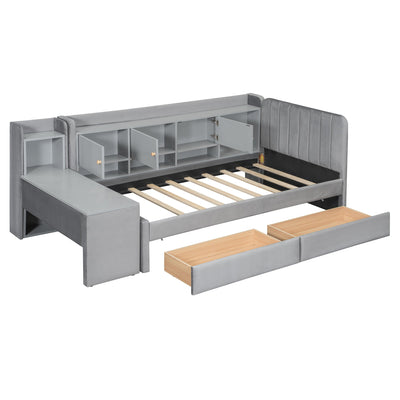 Twin Size Upholstered Daybed with Drawers, Shelves, Flip Cabinets & Side Table (Gray)