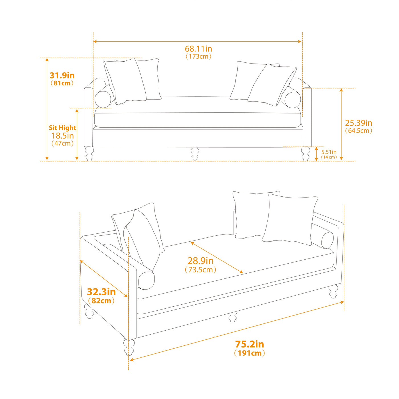 Upholstered Chaise Lounge Indoor with Nailheads, Sleeper Sofa Couch with 4 Throw Pillows & 2 Bolsters, Daybed with Rubberwood Legs, Taupe Chenille,75.2'' Wide