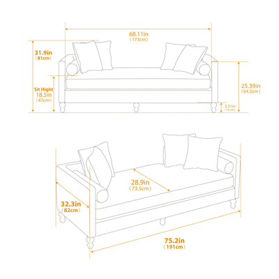 Upholstered Chaise Lounge Indoor with Nailheads, Sleeper Sofa Couch with 4 Throw Pillows & 2 Bolsters, Daybed with Rubberwood Legs, Taupe Chenille,75.2'' Wide
