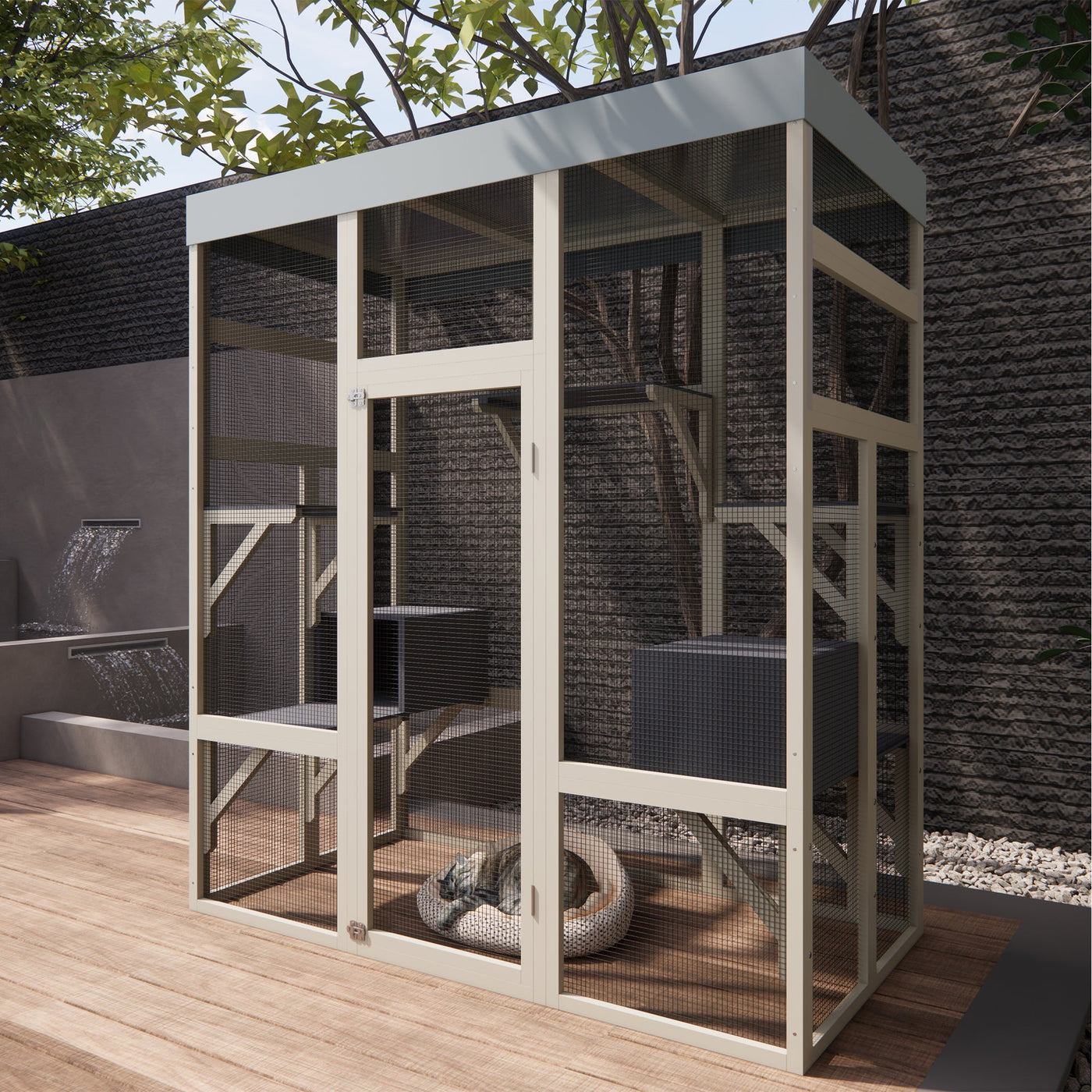 62.6' Gray Wooden Catio Outdoor Pet Enclosure with Waterproof Top, Spacious and Secure Cat House & Small Animal Cage, Black Rust-proof Metal Wire