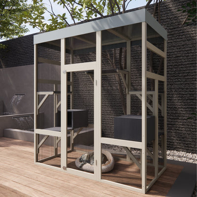 62.6' Gray Wooden Catio Outdoor Pet Enclosure with Waterproof Top, Spacious and Secure Cat House & Small Animal Cage, Black Rust-proof Metal Wire