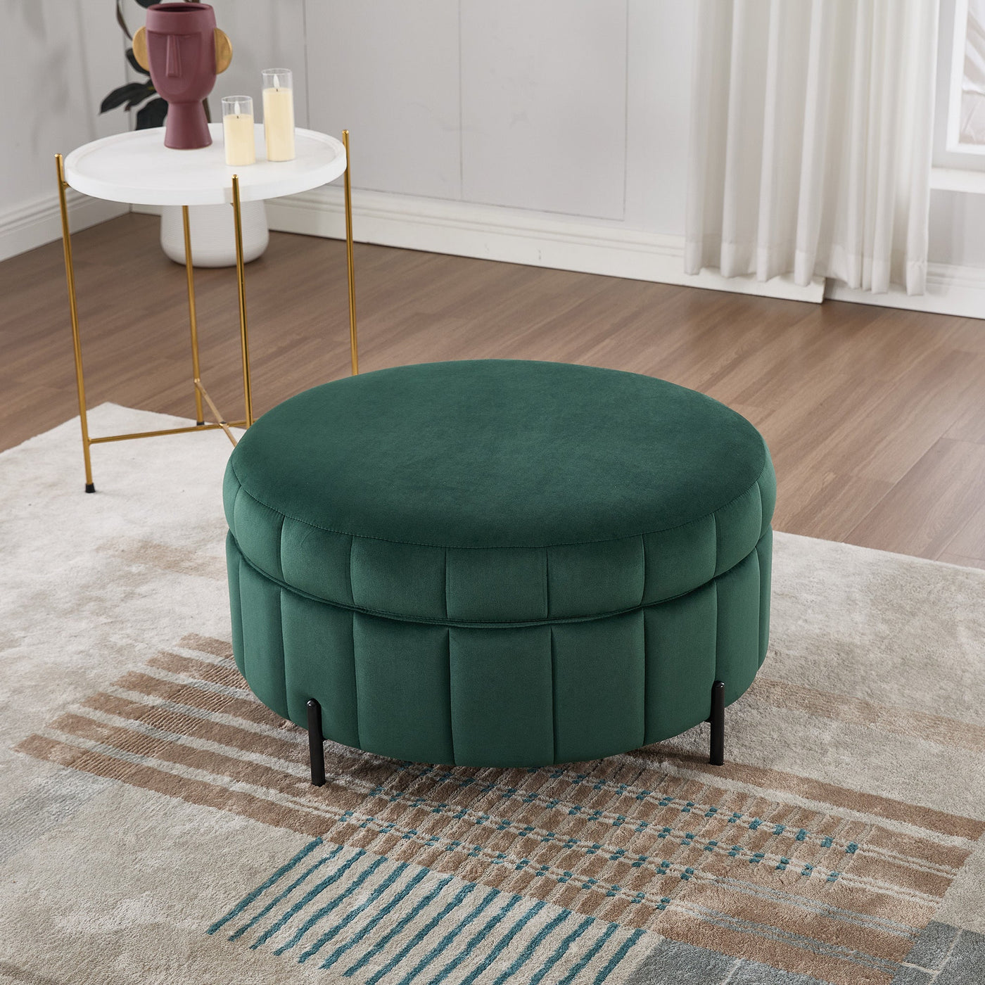 31.5'W Upholstered Round Ottoman With Reversible Lid, Velvet Storage Stool, Channel Tufted Pumpkin-shape Footstool for Living room, Bedroom and Office, Green