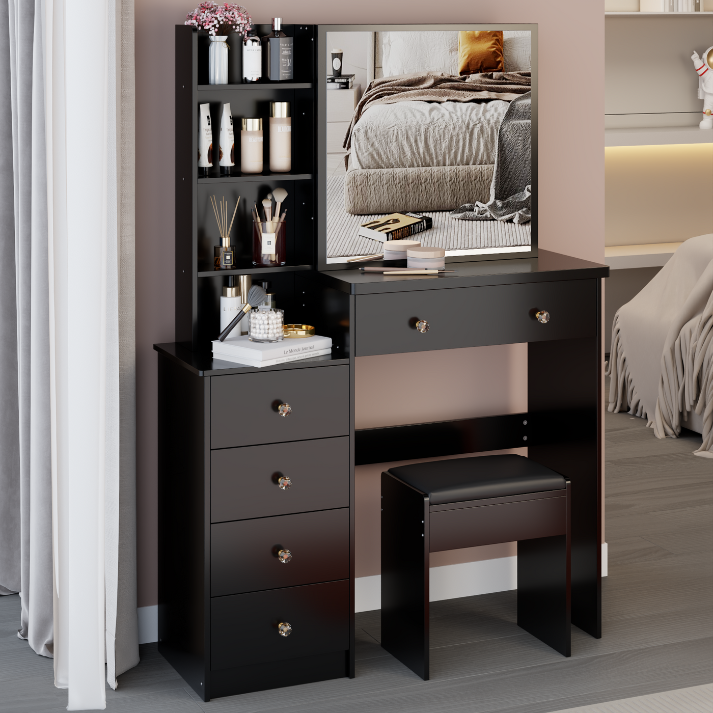 37' Middle Size Left Bedside Cabinet Vanity Table + Cushioned Stool, Extra Large Right sliding mirror, Multi Layer High Capacity Storage, Practical Fashionable Dresser, Suitable For Middle Space