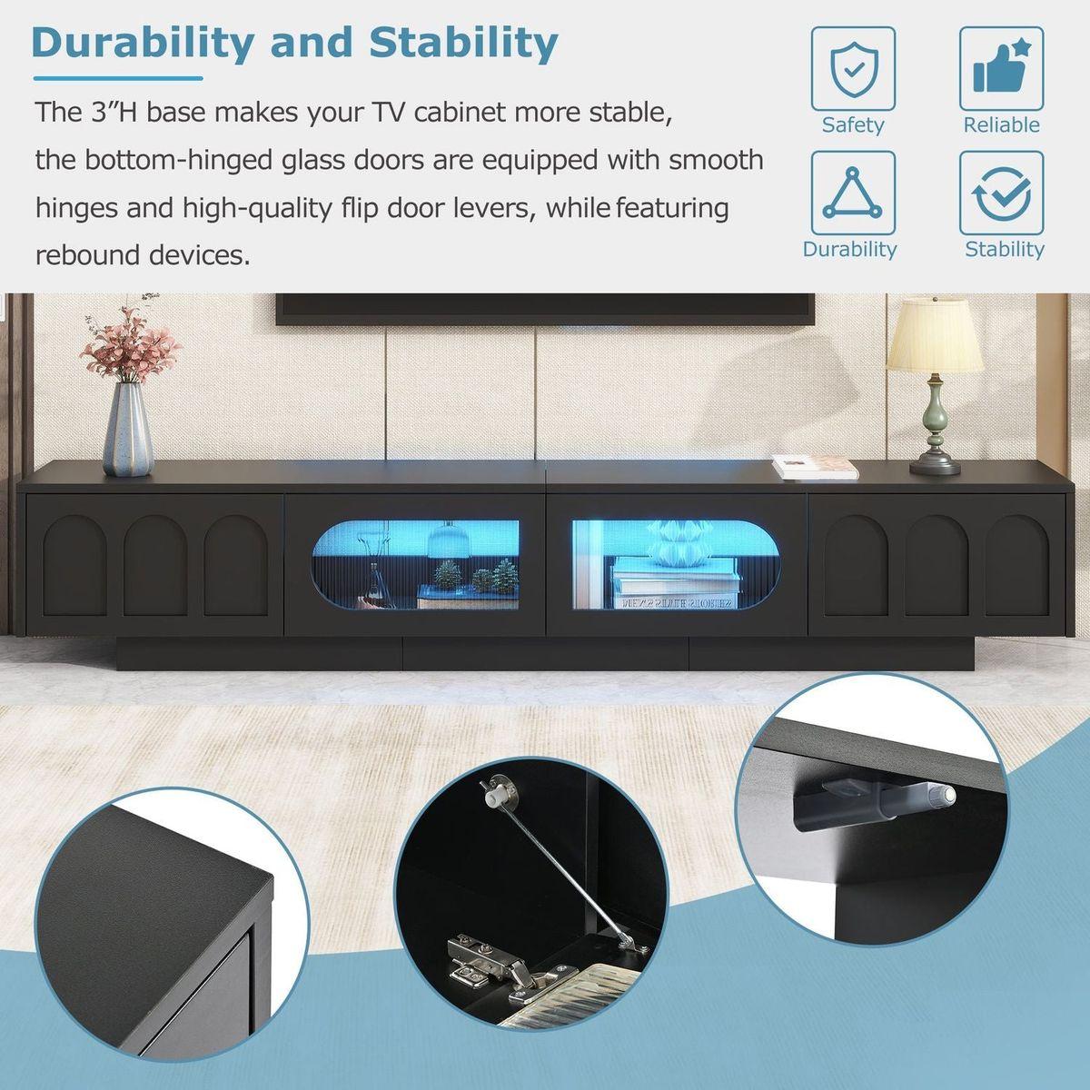TV Stand with Fluted tempered Glass Doors for TVs Up to 95", Functional Media Console with Arched Cabinet Doors, Entertainment Center with APP-Controlled LED Light for Living Room, Black