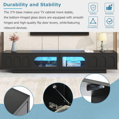 TV Stand with Fluted tempered Glass Doors for TVs Up to 95", Functional Media Console with Arched Cabinet Doors, Entertainment Center with APP-Controlled LED Light for Living Room, Black